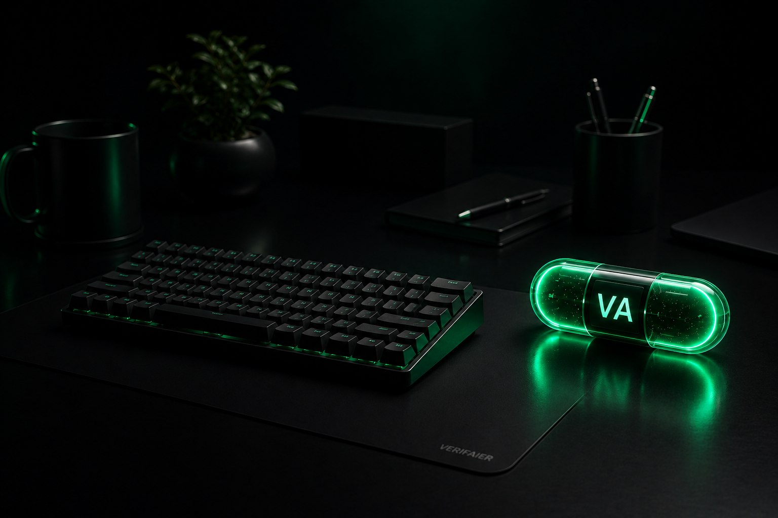 A desk with a mechanical keyboard and the VerifAIer capsule beside it
